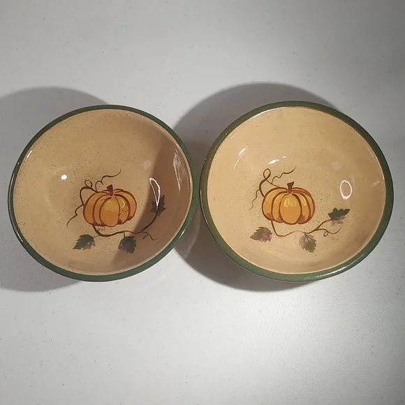 2 Longaberger Homestead Stonewear Bowls, Made By Buckeye Stonewear, Tan & Green - Picture 1 of 11